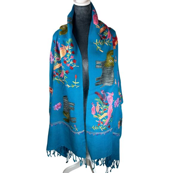 LA LO LA- Vibrant Blue embroidered Shawl with tassels-  80x30" preowned birds - Picture 2 of 9